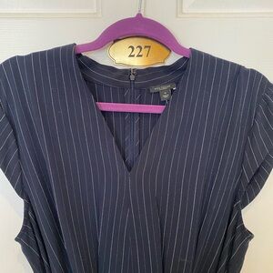Navy pinstripe A line midi dress with optional belt, never worn, 14